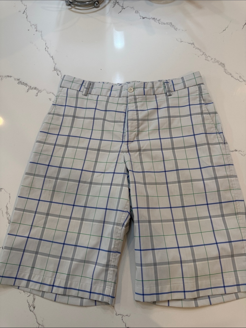 Nike Men's White Plaid Golf Shorts with Blue and Gray Grid